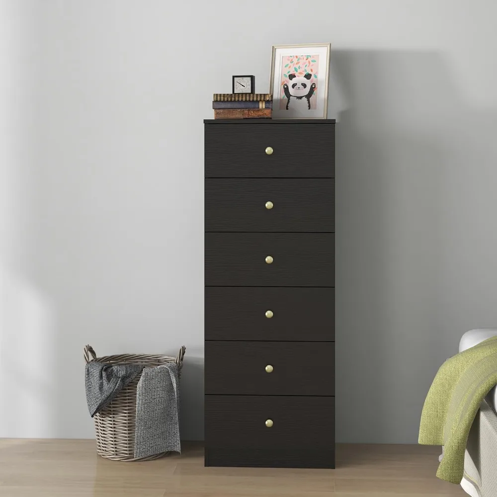 Modern 6 Drawer Vertical Dresser, Wood Tall Chest of Drawers N Arrow Storage Organizer with Wide Drawers & Metal Gold Handles fo
