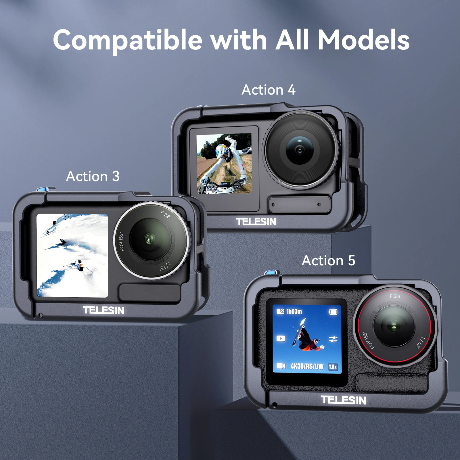 حافظة إطار حماية من TELESIN لـ DJI OSMO Action 3 4 5Pro Double Clod Shoe غلاف من سبائك الألومنيوم لـ DJI Action 3 4 5pro