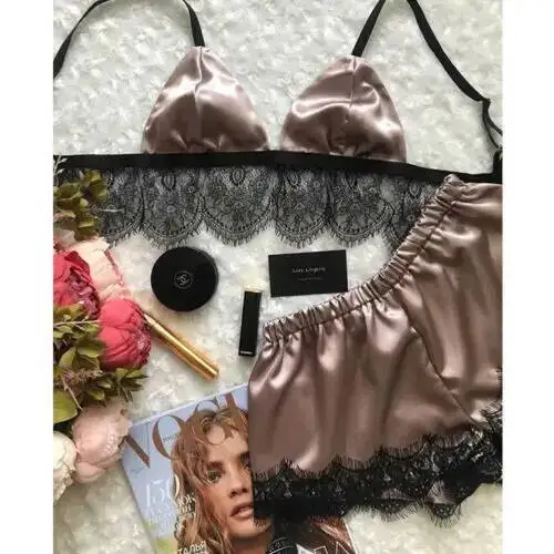 Women Underwear Sexy 2PCS Silk Satin Lingerie Pajamas Crop Tops Bra+Shorts Sets Sexy Female V-Neck Sleeveless Nightwear