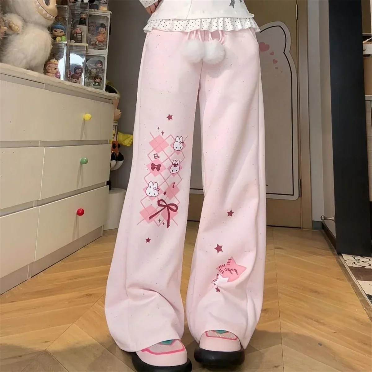 Y2K Japanese Kawaii Full Length Pants Women Cartoon Pattern Casual Trousers Harajuku Aesthetic Subculture Autumn Sweat Pants