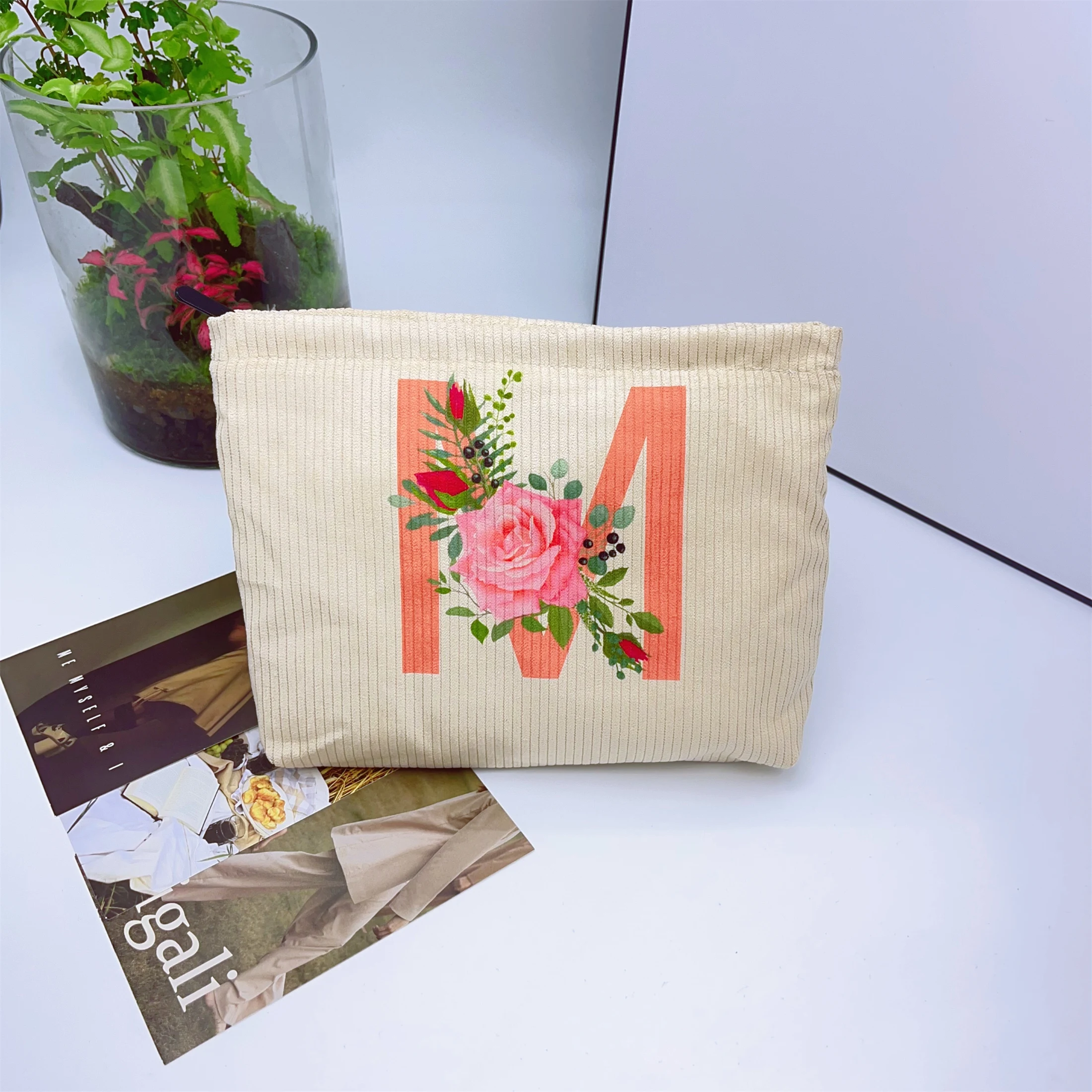 Cosmetic Bag Makeup Bag Corduroy Letter Rose Print Thick Canvas Lining Storage Mobile Wallet Pencil Case Portable Coin Purse