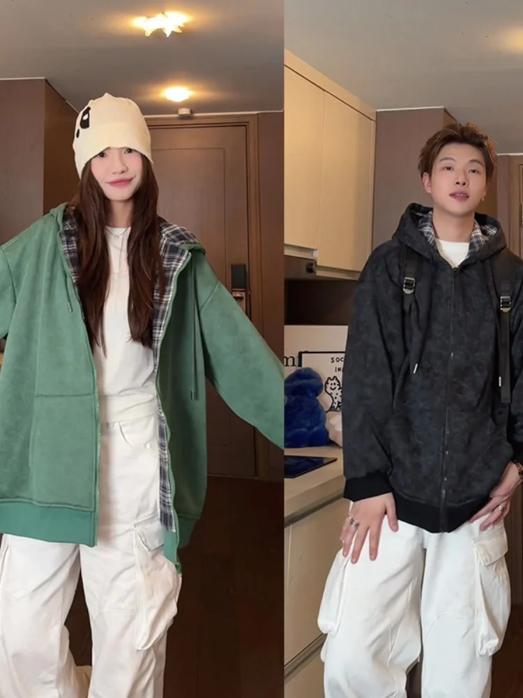 

Мужской кардиган-толстовка с капюшоном в стиле тай-дай, осенняя коллекция 2024, новинка, американское ретро, с клетчатыми вставками, плотный, молодежный, повседневный, утепленный.