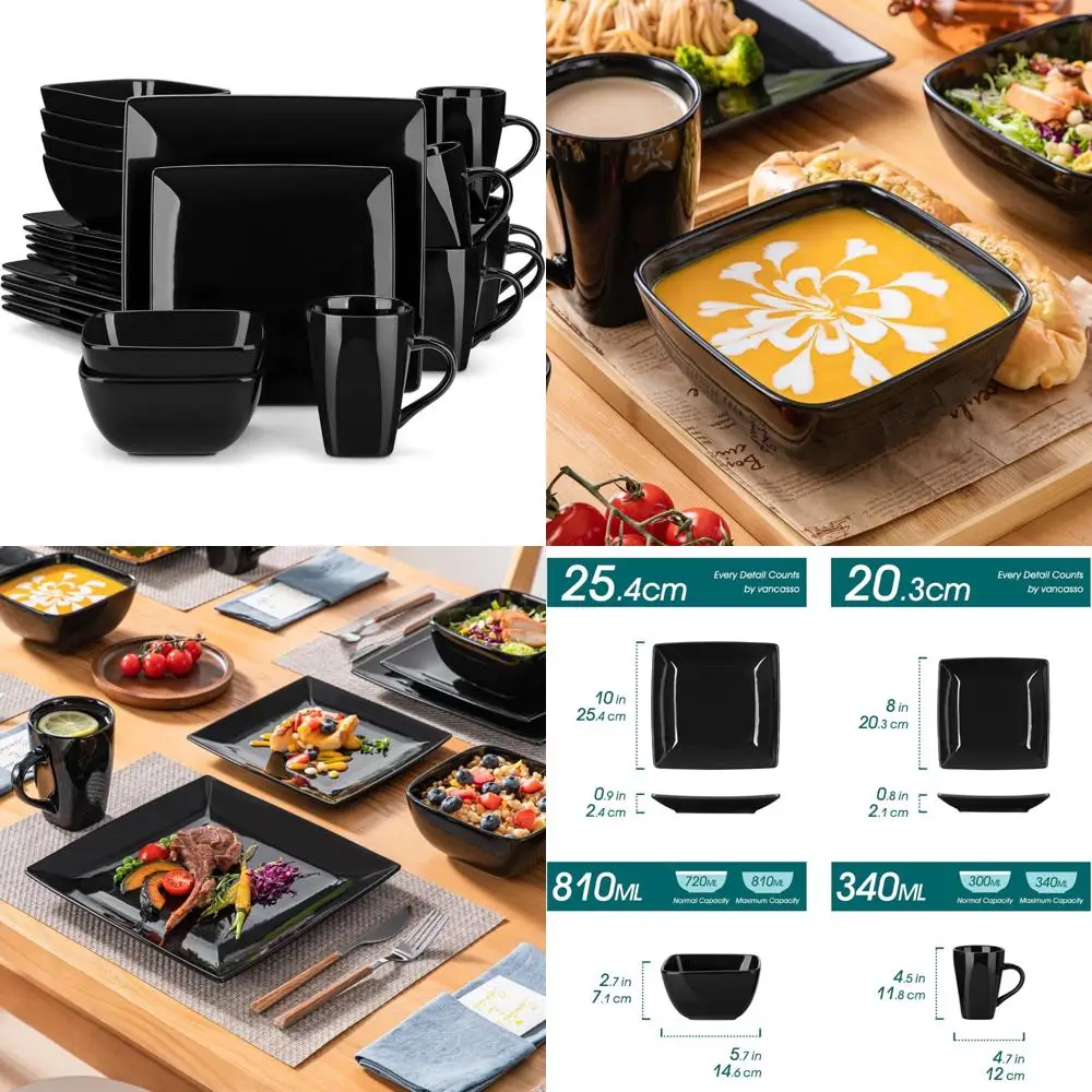 

Vancasso Soho Набор квадратной столовой посуды из черного камня из 24 предметов: обеденные тарелки, чашки и тарелки для кухни