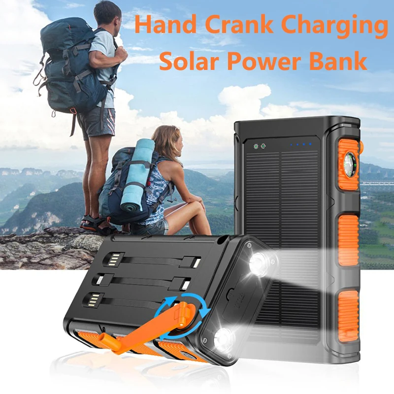 Hand Crank Solar Power Bank 30000mAh PD 20W Fast Charging Powerbank with Cable Camping Light for iPhone 15 Samsung Huawei Xiaomi