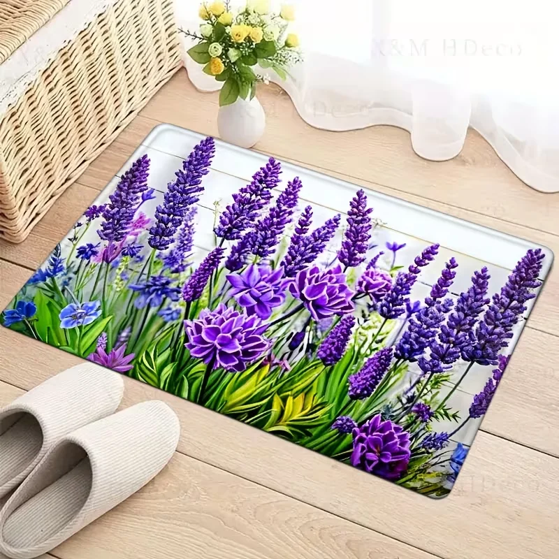 Vibrant Purple Lavender Flower Field Door Mat Soft Non Slip Floor Rug Rural Floral Garden Print Entrance Carpet For Bedroom