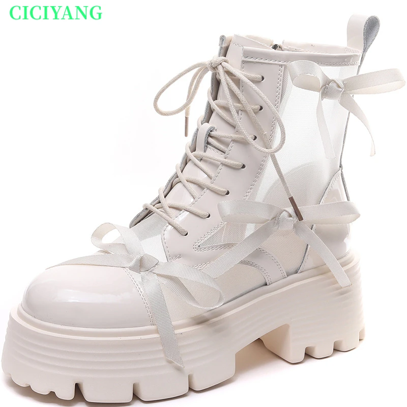 

CICIYANG Marton Boots Hollow Women Genuine Leather Summer 2025 New Breathable Lace-up Ankle Boots Ladies British Style Sandals