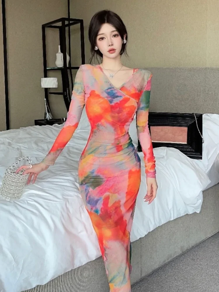 Topanoma  Woman Evening DressFashion Sexy Oil Painting Blooming Slim V Neck Elegant Cocktail Dresses Vintage Birthday Gift Party