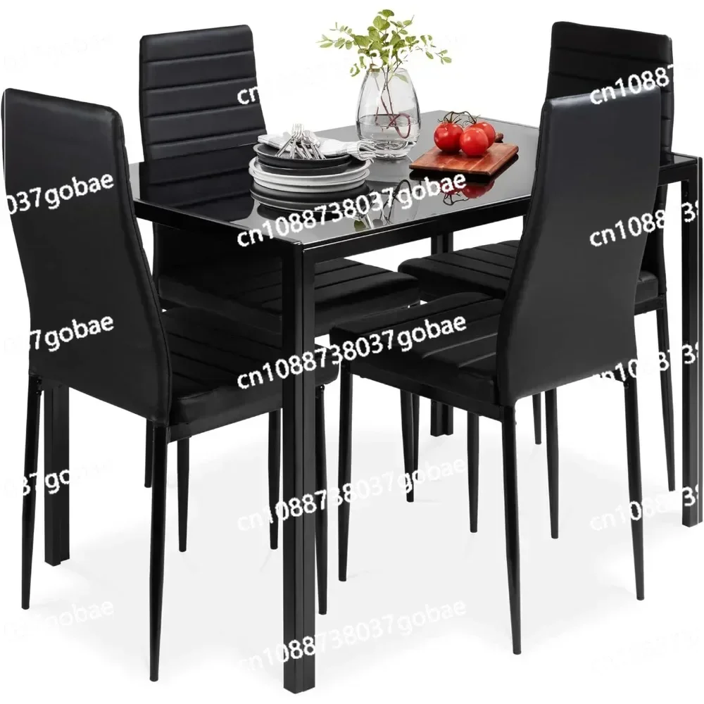 5-Piece Glass Dining Set, Modern Table for Dining Room, Dinette, Compact Space-Saving W/Glass Tabletop, 4 Upholstered PU Chairs