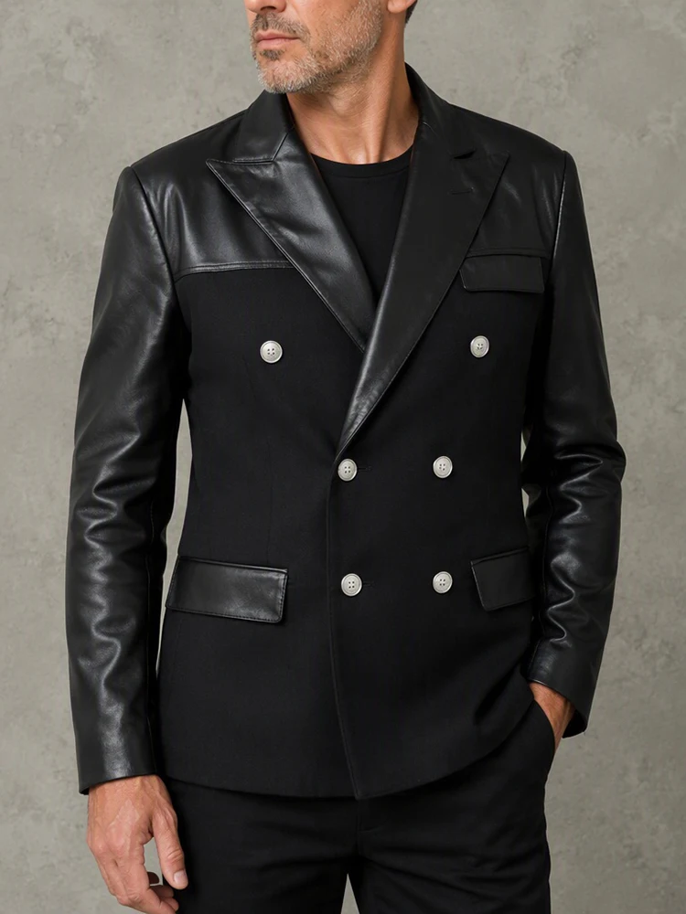 Men's Classic Black Blazer Faux Leather Patchwork Peak Lapel Double Breasted Suit Jacket for Wedding Business Party Banquet