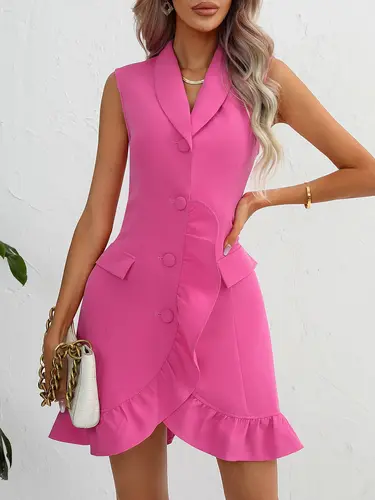 Primavera y verano, traje sencillo y generoso con cuello en V, falda de oficina para ir al trabajo, vestido plisado con glúteos y volantes