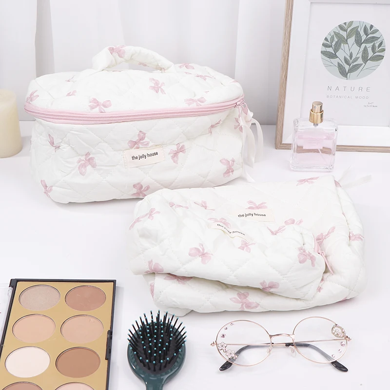 Bolsa de maquillaje a cuadros de algodón Floral acolchado para mujer, bolsa de cosméticos de gran capacidad, bolsa organizadora de artículos de tocador de viaje con cremallera femenina