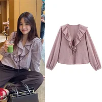 Camisa de mujer otoño 2025, nuevo rojo, manga larga, decoración apilada, camisa secundaria Pastoral, moda informal, personalidad animada