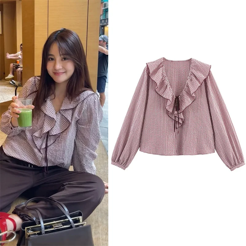 Camicia da donna Autunno 2025 New Red Check Manica lunga Decorazione impilata Camicia collegiale pastorale Moda casual Personalità vivace