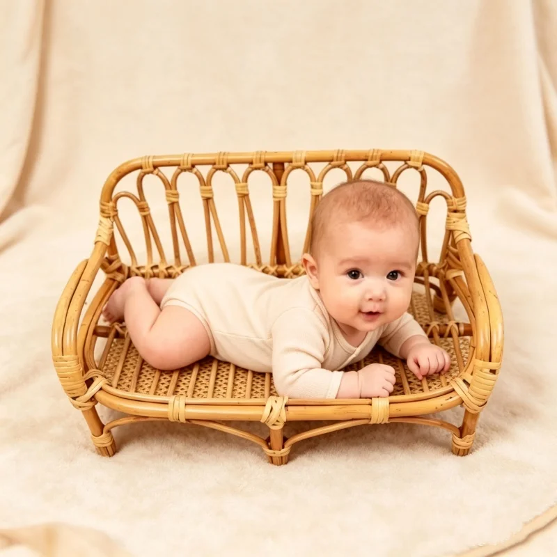 1pc Handmade Rattan Bebe Posing Props Bench Chair Basket Doll Bed Furniture Newborn Studio Fotografia Accessories Girl Boy Shoot