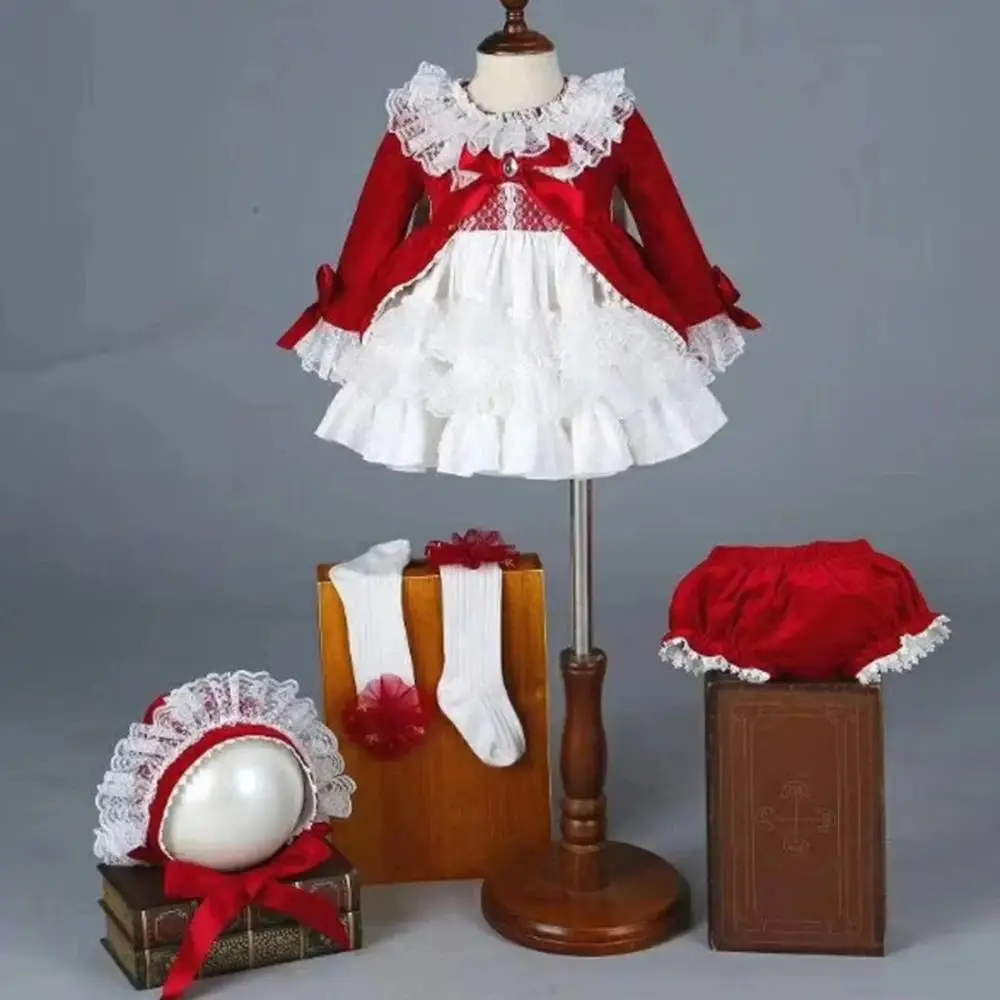 4 SZT. Dziewczęca Sukienka Jesienno-Zimowa Wiosenna Czerwona Aksamitna Vintage Hiszpańska Księżniczka Lolita z Pomponami na Urodziny, Wesele, Imprezę Świąteczną C1 — zdjęcie 2