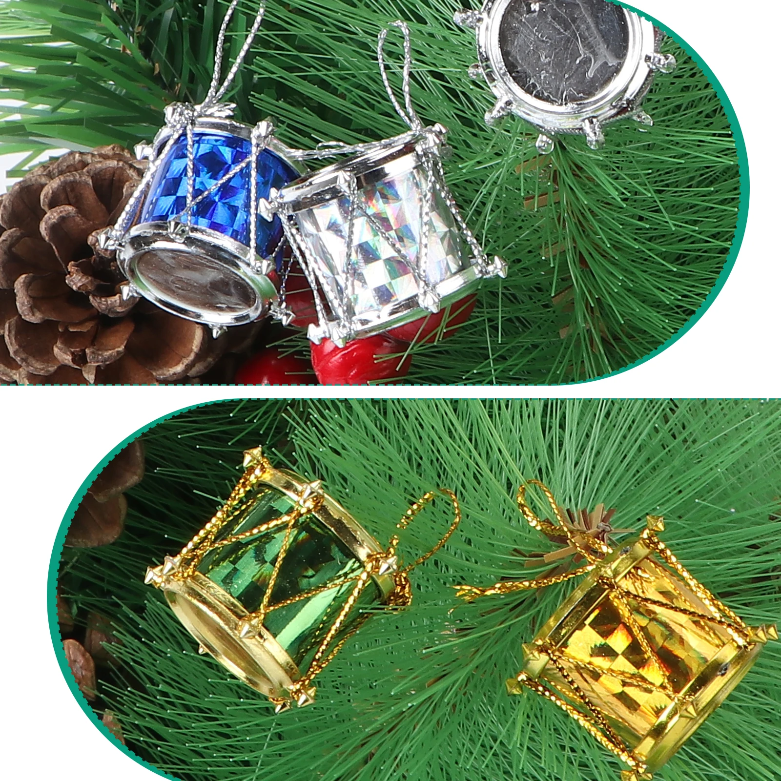 

48pcs 2Cm Mini Drum Hanging Ornaments Glitter Christmas Tree Decorations Plastic Pendant For Holiday Party Wedding Home Office