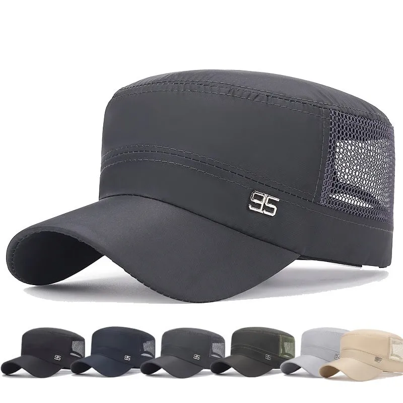 2024 New Classic Flat Top Mens Caps Army Hat Adjustable Linen Cap Spring Summer Outdoor Breathable Mesh Military Snapback Hats