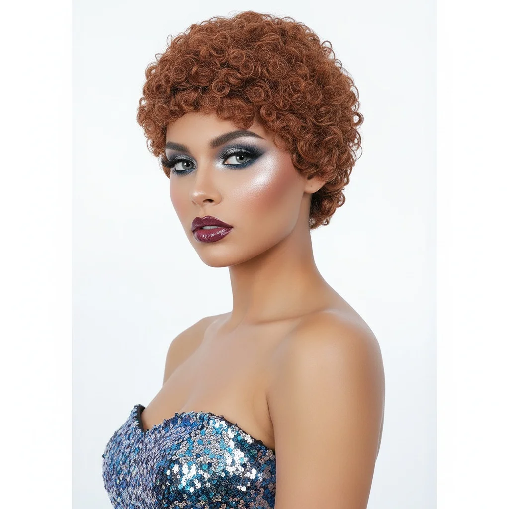 Reddish Brown Short Kinky Curly Wig for Women Afro Mini Curl Synthetic Wig Heat Resistant Hair Wig for 70s 80s Disco Party Cos