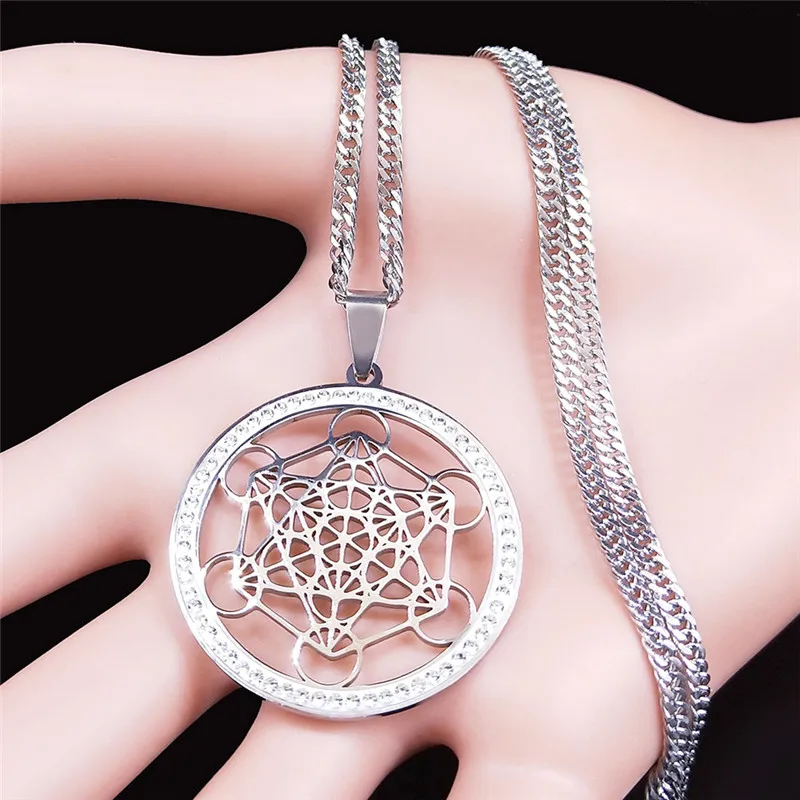 Sacred Geometry Metatron Necklace Women Flower of Life Pendant Stainless Steel Silver Color Crystal Necklaces Angel Seal Jewelry