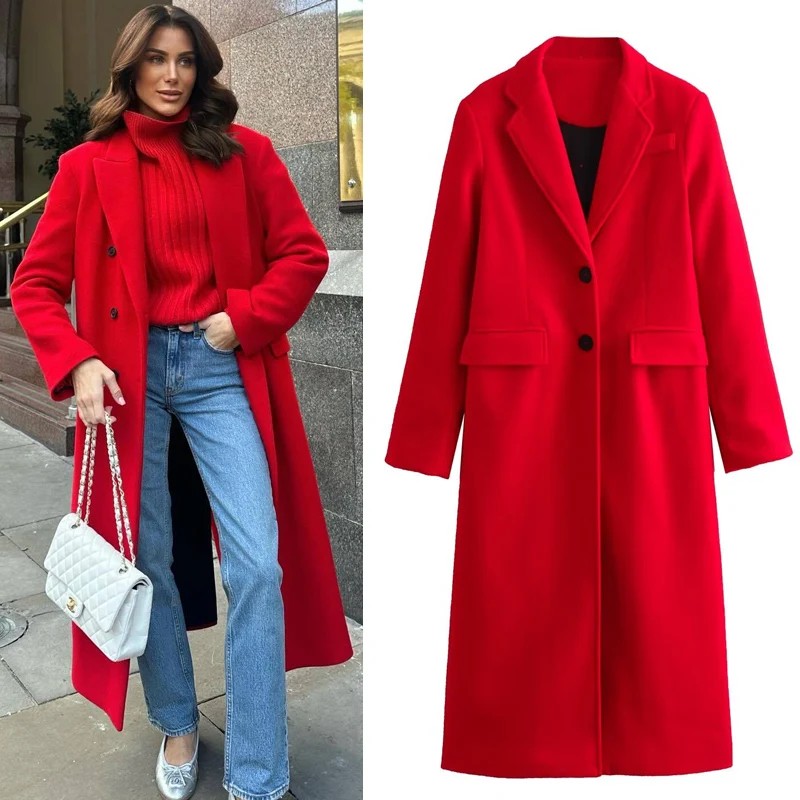 HXAO Tweed Long Outerwears Winter Coat Female Red Long Sleeve Coats Women Coat Autumn New In Coats Chic And Elegant Woman Jacket