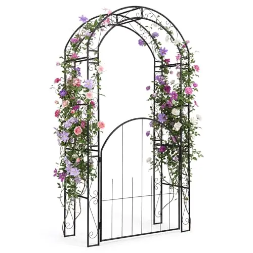 84'' Metal Garden Arbor with Gate, Arch Trellis for Climbing Plants