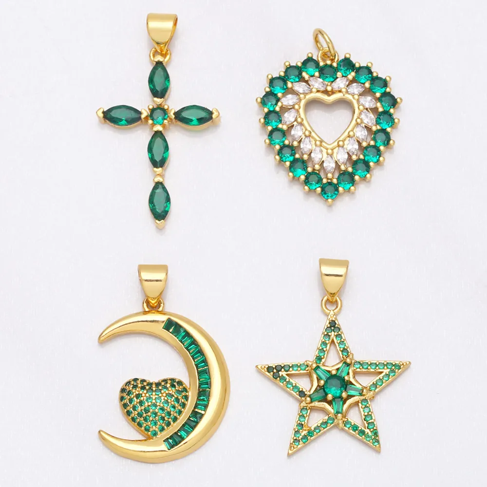 Ocesrio pingente de cruz verde cobre banhado a ouro zircônia cúbica estrela lua crucifixo pingente para fazer jóias suprimentos pdta755