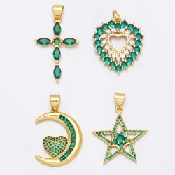 OCESRIO Green Cross Pendant Copper Gold Plated Cubic Zirconia Star Moon Crucifix Pendant for Jewelry Making Supplies pdta755