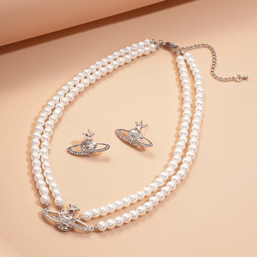 ضوء فاخر اللؤلؤ الماس زحل مزدوج الترقوة قلادة عالية الشعور المتخصصة تصميم مزاجه قلادة المرأة