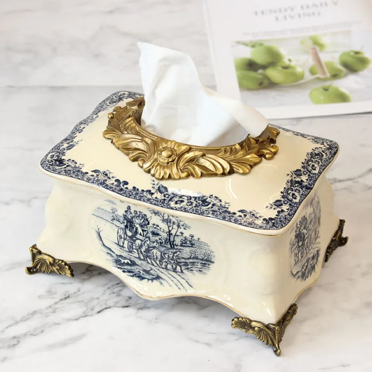 Villa model room decorative tissue box European luxury alloy Ceramic Drawer modern simple American decoration