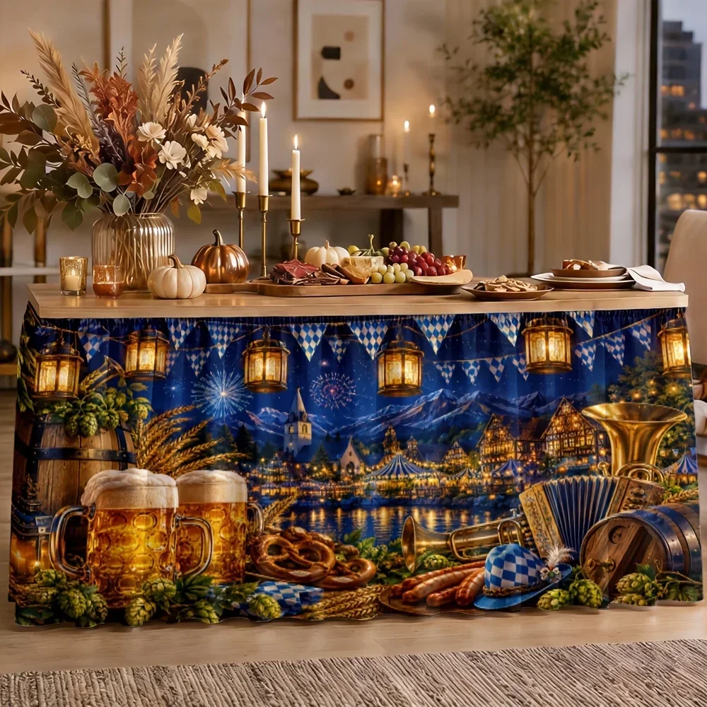 Send one tablecloth and one table skirt. Beer festival tablecloth. Polyester. Bavarian night market scene. With beer cups.xzj