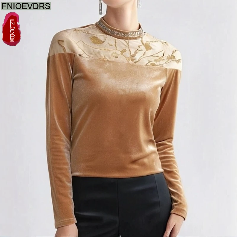 

New Year Christmas Velvet Tops Blouses Woman Autumn Winter Office Lady Stand Collar Champagne Bling Beaded Top Basics Shirts