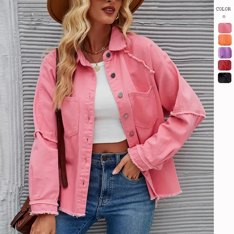 

Waed Long Sve Denim Jaet Double ket American Sle Women's Casual Outerwear Polyester Fiber Loose Fit Summer 2024