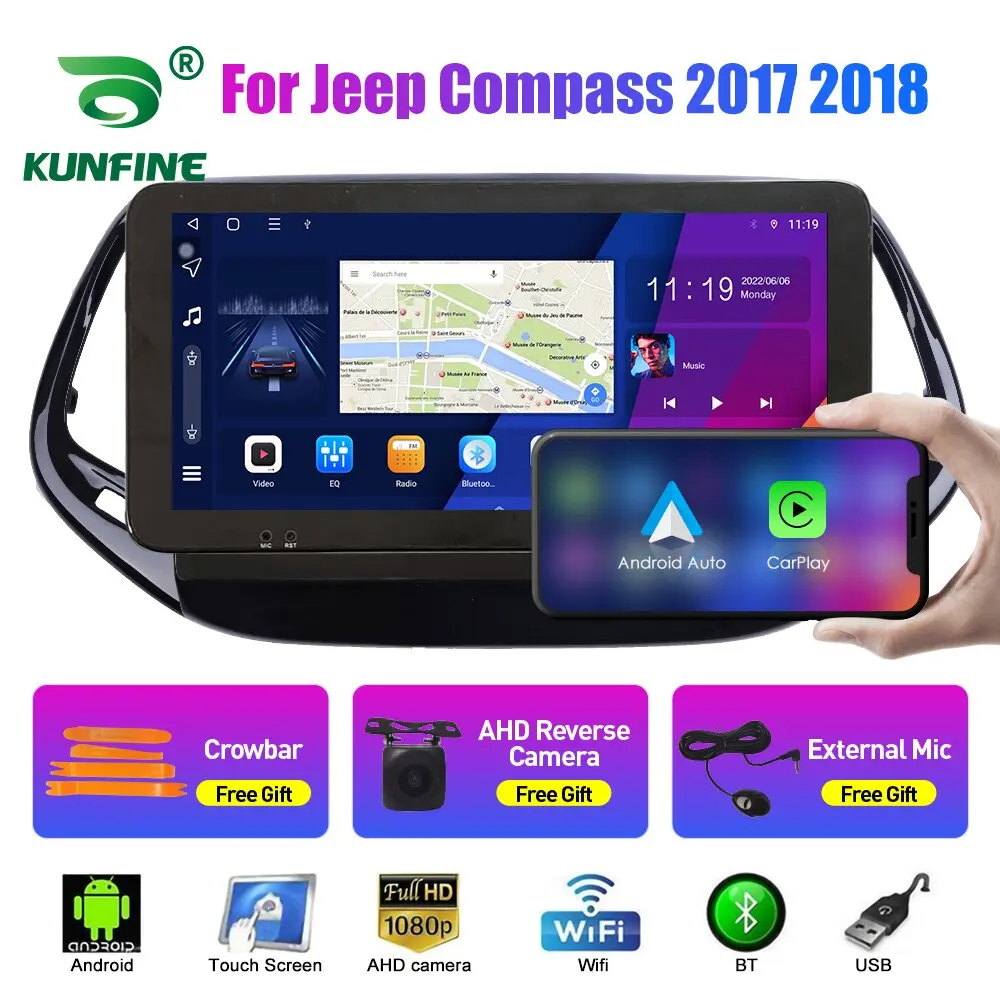 

10,33-дюймовый автомобильный радиоприемник для Jeep Compass 2017-2018 2Din Android, восьмиядерный автомобильный стерео DVD, GPS-навигатор, плеер QLED, экран Carplay