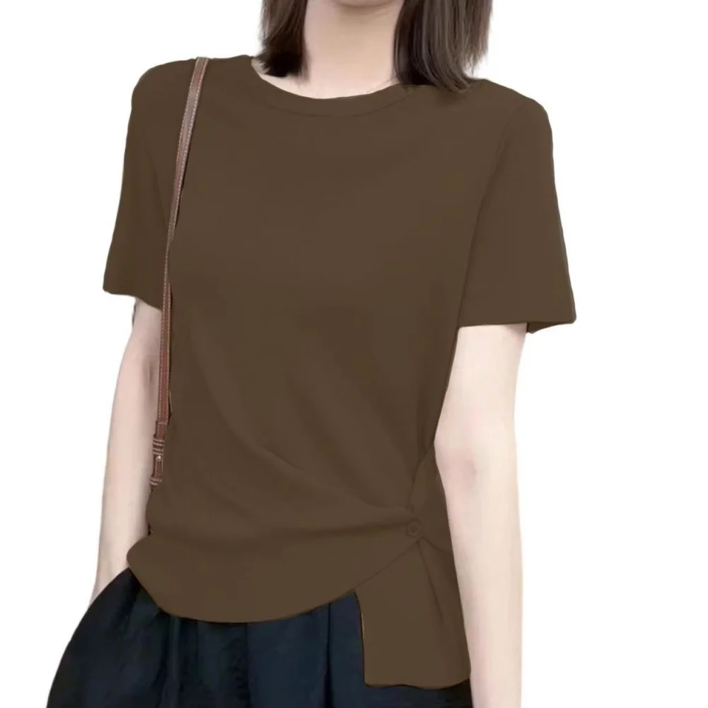 Women's Summer Ice Silk Short Sleeve Tees Tops Side Button Round Neck T-shirts
