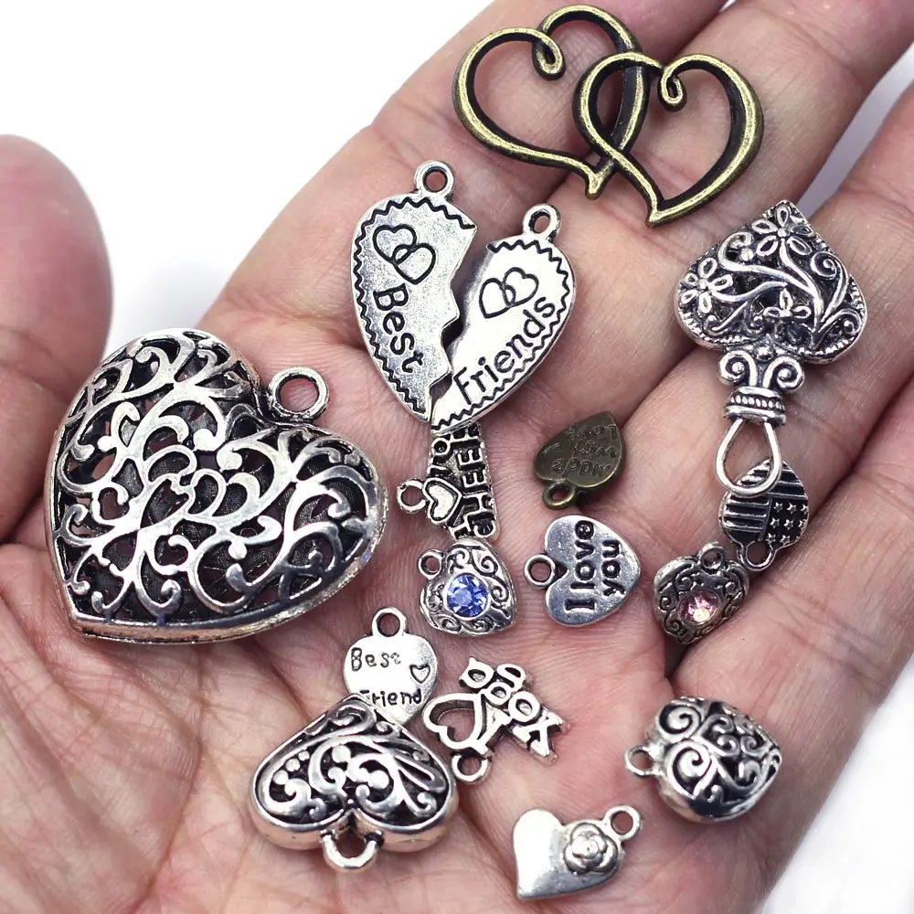 100PCS Love Theme Charm Pendants Mixed Heart 10-50mm Handicrafts Accessories DIY Gift Decoration Supplies Material Package