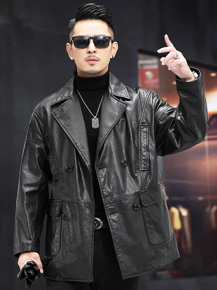 Men's High-End Business Suit Collar Top Layer Oil Wax Cowhide Trench Coat Long Loose Casual Genuine Leather Jacket Men Coats