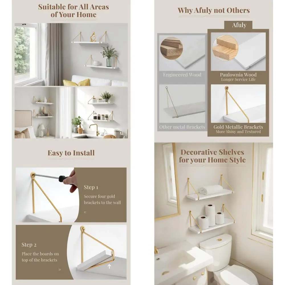 

Плавающие настенные полки металлик золотого и белого цвета, набор из 2 шт., для домашнего декора — подходит для кухни, ванной комнаты, спальни и книг