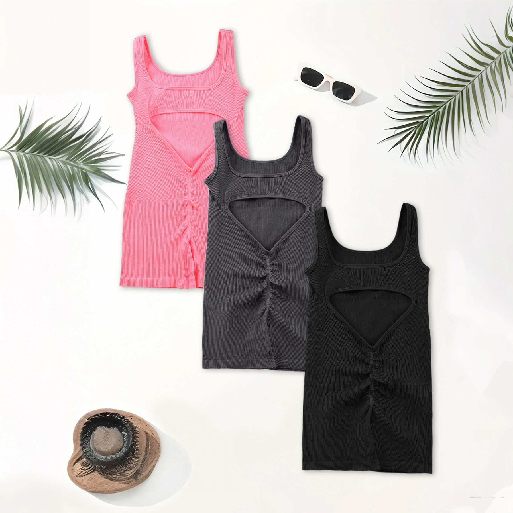 1PCS Backless Yoga Suit U Neck Sleeveless Sports Jumpsuit Solid Colour Threaded Stretch Women Bodysuit Without Bust Pads - Image 6