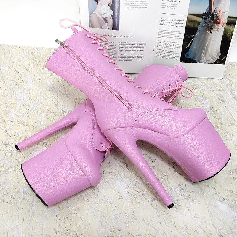 Pink Stripper Pole Dance Platform Ankle Boots 20cm Exotic Dancer Shoes Stiletto Heels 8inches Lace Up Women Sexy Fetish stage