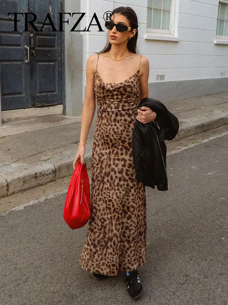 TRAFZA Summer Leopard Print Dress For Women 2024 Spaghetti Strap Backless Slim Long Dresses Sexy Vintage Woman Evening Dress