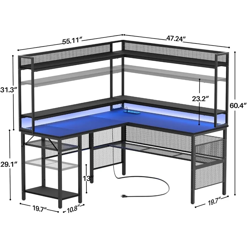 L Shaped Desk with Power Outlet, Reversible L-Shaped Computer Desk with Storage Shelves & Monitor Stand, with Led Light