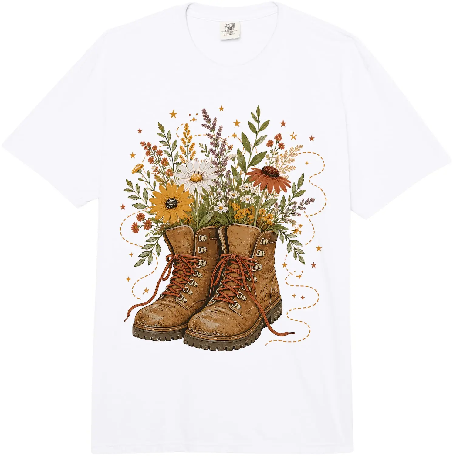 Boho Hiking Boots Wildflower Floral Trail Botanical Camping Comfort Colors Adult Heavyweight T-Shirt 100% Cotton Trendy Y2K Short-Sleeve Tee – Soft, Quick-Drying, & Moisture-Wicking; Ideal for Sports or Casual Wear; Great Gift for Christmas or Halloween.