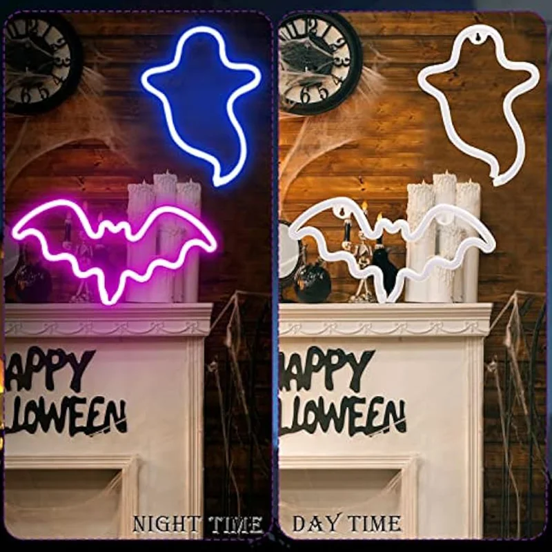 2 упаковки Хэллоуин призрак светодиодный неоновый свет летучая мышь огни настенный декор для Хэллоуина вечеринка Крытый домашний декор окна