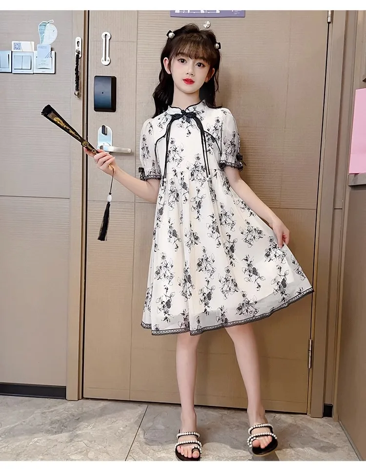 2024 summer Kids Girls spring chinese Cheongsam Qipao Princess Teenager New Year Floral Dresses Clothing 4 7 8 9 10 12 14 Years