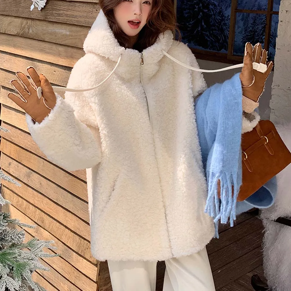سميكة أفخم منتصف طول الفراء سترة المرأة فضفاضة تناسب صوف الضأن معطف مقنع الشتاء نمط جديد ملابس خارجية الموضة #1