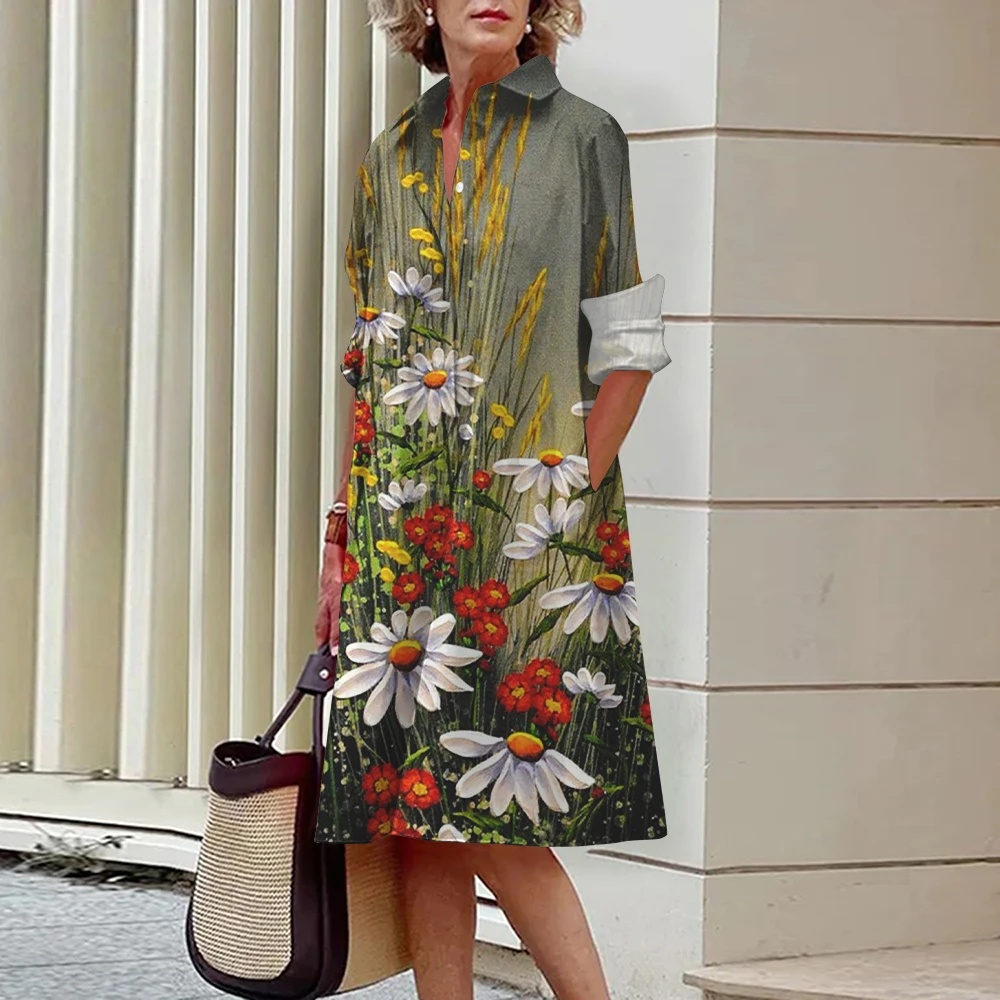 Fashion Women's New Shirt Long Dress Exquisite Oil Color Flower Print Dress Spring And Autumn Lapel Single-breasted Long Dress