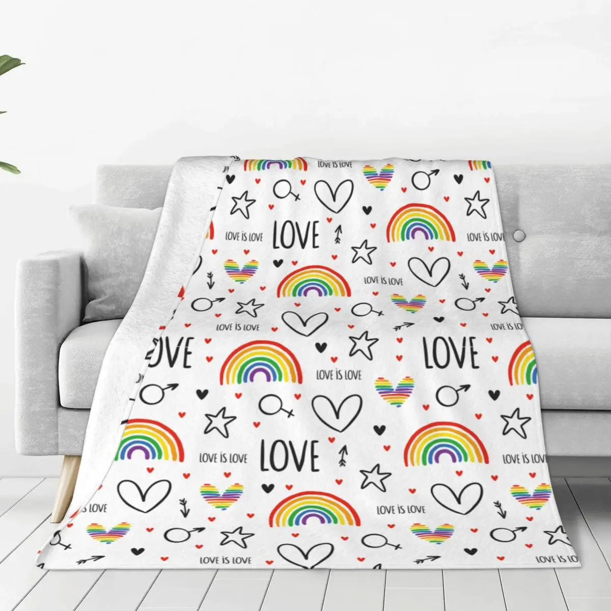 Cute Lgbt Rainbow Hearts Arrows And Stars Blanket Plush Gay Pride Month Love Freedom Support Soft Throw Blankets for Bed Bedroom