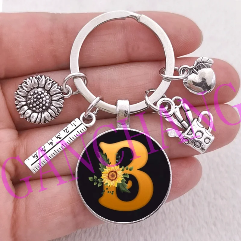 Fashion Sunflower Flower Letter A-Z Keychain cute Sun flowers Keychain Cute Simplicity Style pen holder keychain teacher Gifts