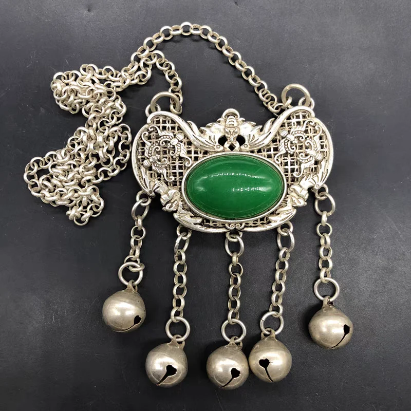 

Vintage Amulet Home Ornament Tibetan Silver Bell Hangings Lion Long Life Lock Mascot Bat Pendant