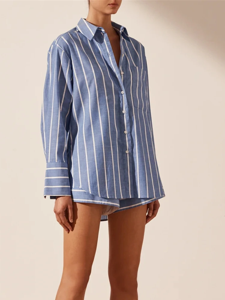 2024 New in Summer Fashion Elegance 2 Pieces Suit Set Female Striped Plaid Turn-Down Collar Long Sleeve Shirt Short Pants Suit